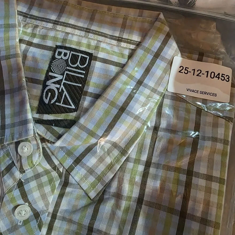 Billabong Men’s M White Olive Green Brown Blue Plaid Shirt SS Button Down